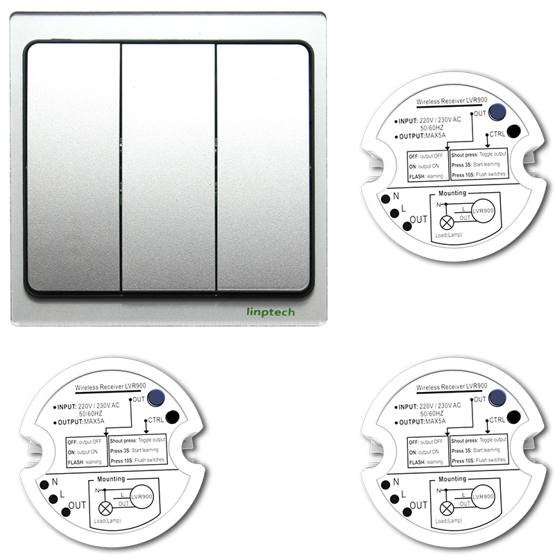 领普科技(linptech)无线遥控开关面板 自发电智能学习型遥控器家居220V三联三路 K4三开开关银色高清大图