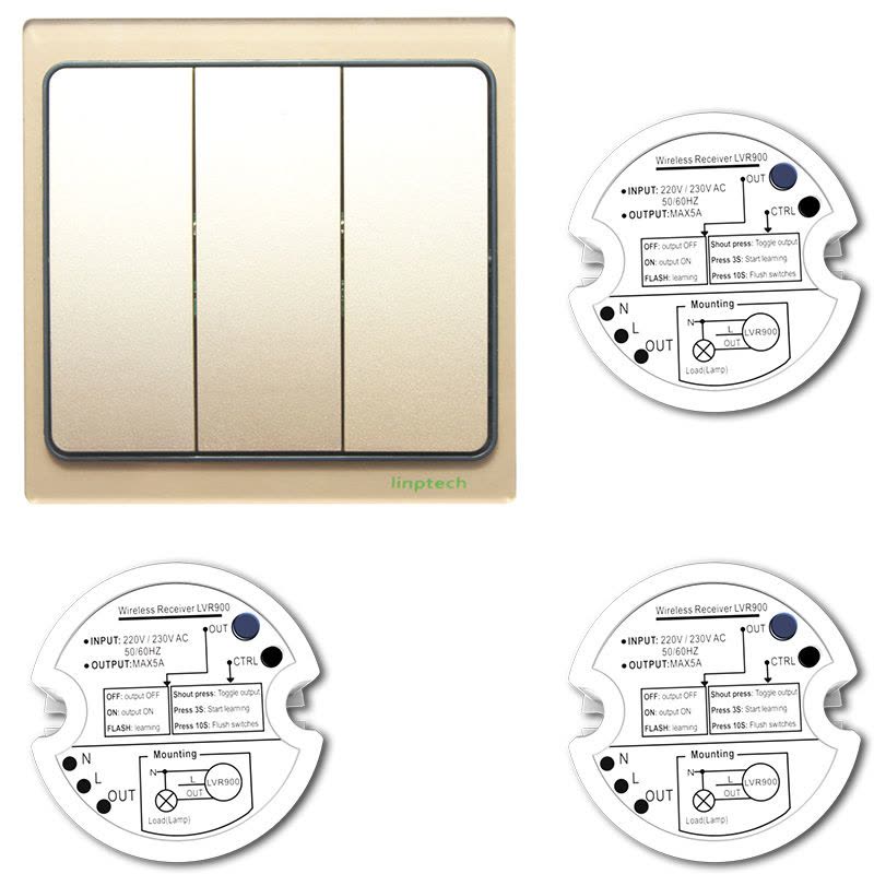 领普科技(linptech)无线遥控开关面板 自发电智能学习型遥控器家居220V三联三路 K4三开开关金色图片