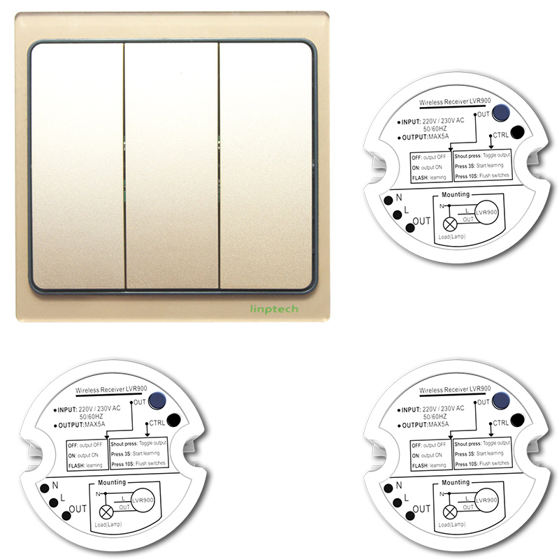 领普科技(linptech)智能开关自发电免布线 K4三开单控无线遥控开关套装 香槟金色