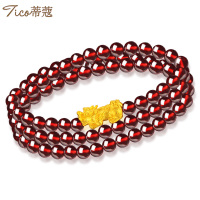 蒂蔻 黄金转运珠手链 黄金貔貅手链女款三圈石榴石手链节日礼物送女友送老婆