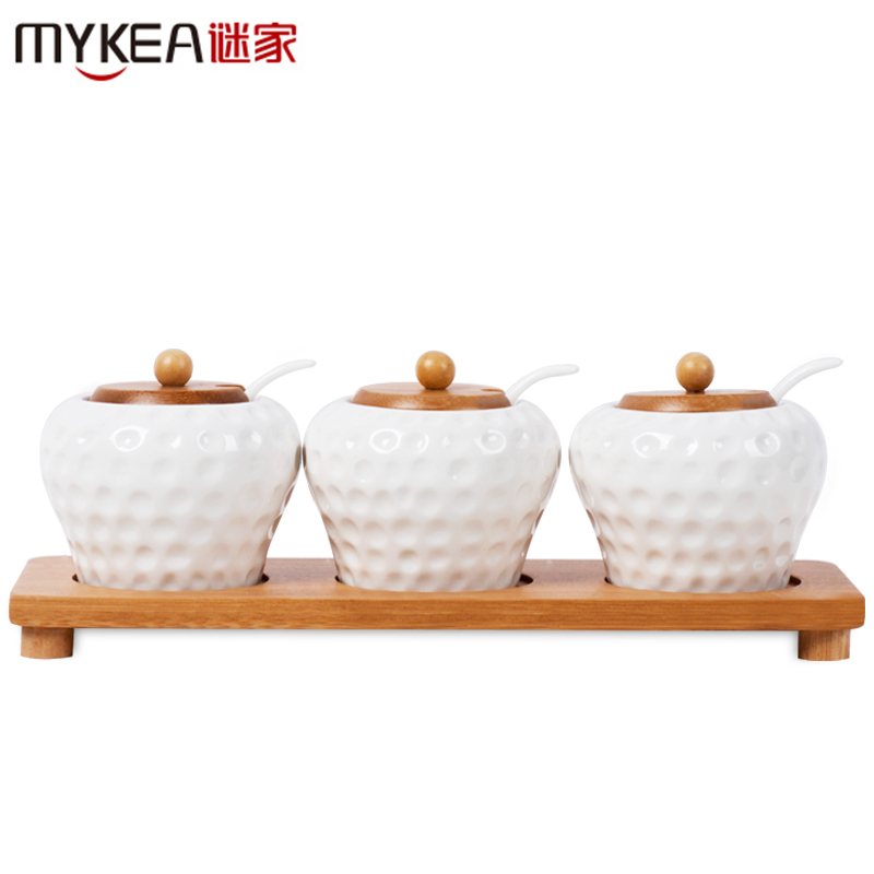 谜家 调料罐陶瓷调料盒调味罐调味盒盐罐套装厨房用品三件套 皎月