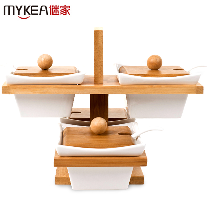 谜家 陶瓷双层调料盒调味罐调味盒调味瓶陶瓷盐罐调料罐套装厨房用品四件套 白色