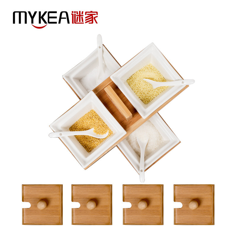 谜家 陶瓷双层调料盒调味罐调味盒调味瓶陶瓷盐罐调料罐套装厨房用品四件套 白色
