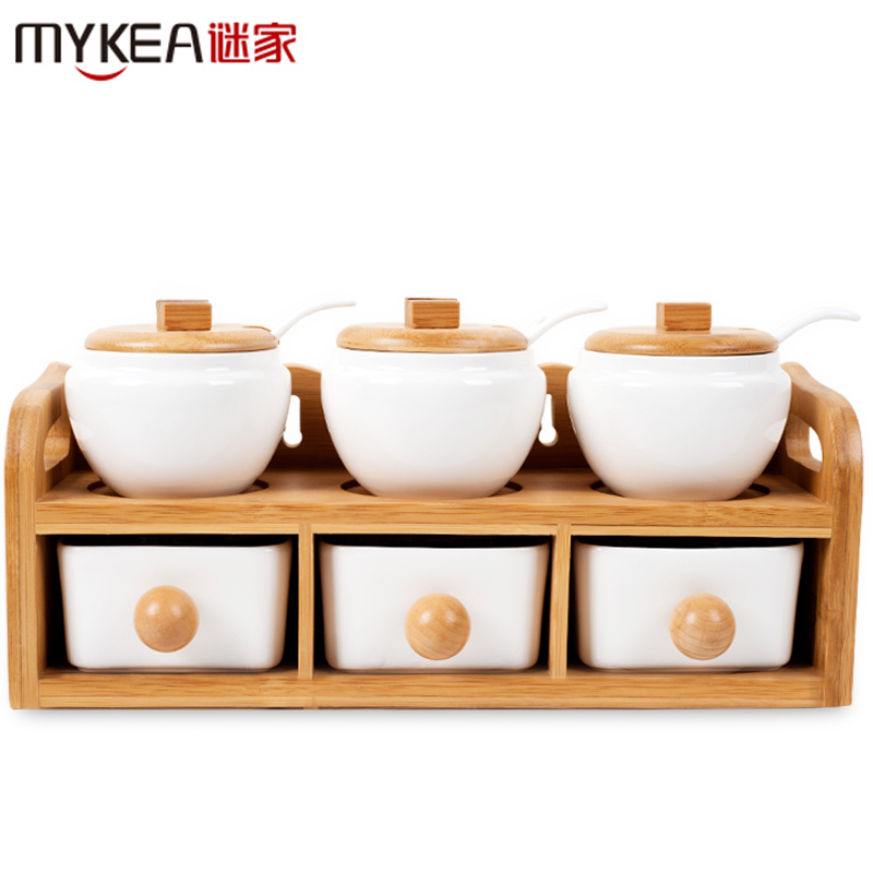 谜家精品家用陶瓷调味罐厨房调料罐套装双层六件套调味盒辣椒盐罐味精罐调料盒厨房用品套装