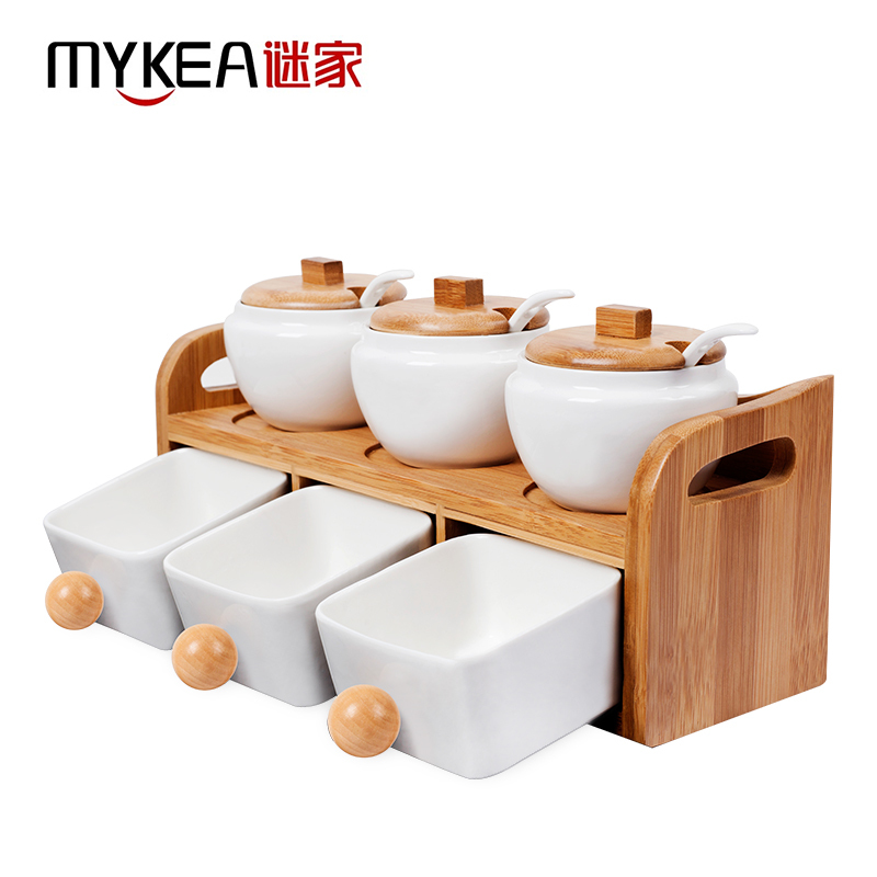 谜家精品家用陶瓷调味罐厨房调料罐套装双层六件套调味盒辣椒盐罐味精罐调料盒厨房用品套装