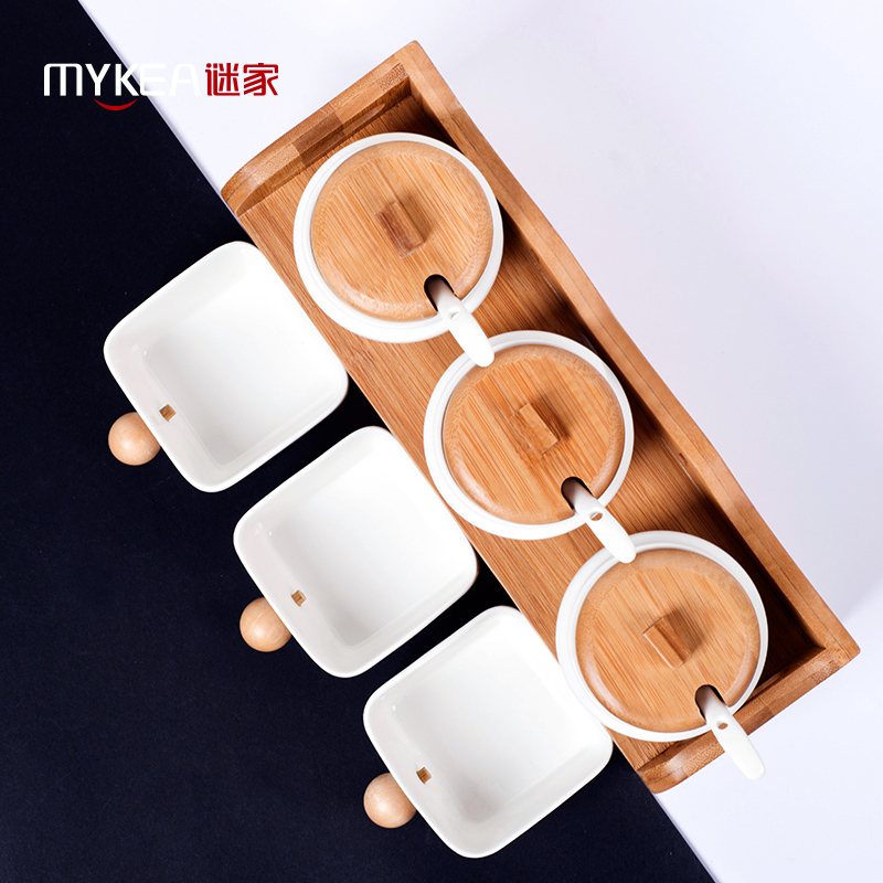 谜家精品家用陶瓷调味罐厨房调料罐套装双层六件套调味盒辣椒盐罐味精罐调料盒厨房用品套装