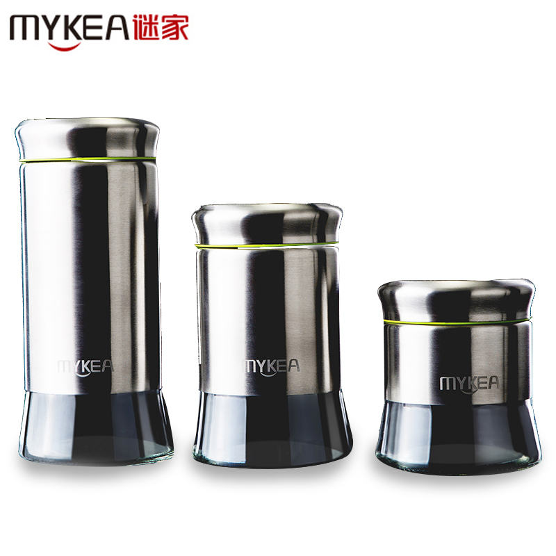 谜家 不锈钢密封罐玻璃储物罐调味罐调料盒厨房用品三件套 绿色