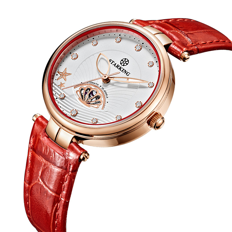 starking星皇女士全自动机械表真皮带镶钻镂空防水女士手表al0256