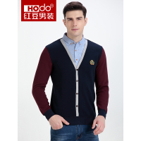 红豆男装 假两件男 2017秋冬新品时尚简约拼接胸口刺绣男士加绒加厚假两件