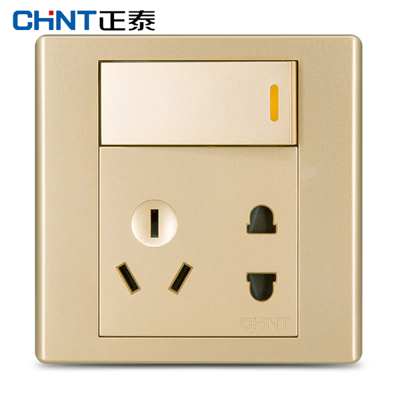 正泰CHNT插座开关面板一开双控五孔墙壁电源开关插座10A香槟金86型7C系列NEW7-C44002A