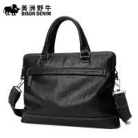 美洲野牛男包真皮商务手提包男单肩包牛皮斜挎包横款公文包电脑包