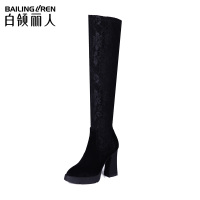 白领丽人秋冬欧美时尚真皮拼接蕾丝粗高跟尖头女长靴