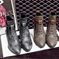 格瑞迪欧2017秋冬女鞋新款朋克女靴加绒粗跟防滑铆钉性感松紧鞋口短靴671