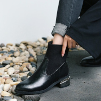 格瑞迪欧2017秋冬新款女靴松紧鞋扣针织防滑加绒粗跟女士短靴马丁靴6-10