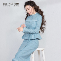 烟花烫2017秋冬新款女装修身毛呢外套+直筒半身裙套装 竹西佳处3740970