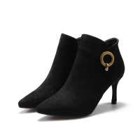 阿么2017欧美尖头圆扣高跟休闲短靴