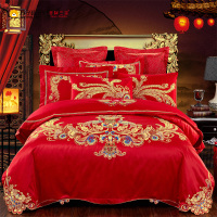 吉祥三宝(Geely Sambo)家纺 全棉床上用品婚庆绣花全棉八件套 金尾屏 绗缝 1.8m床 四件套
