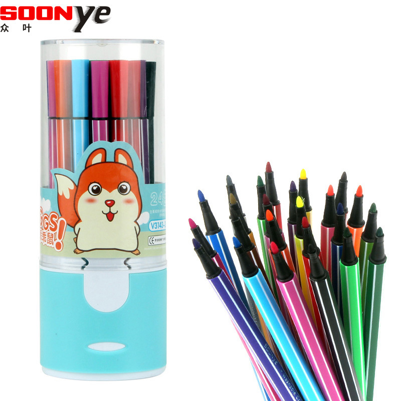 众叶(SOONye)V3143儿童水彩笔套装 24色装 幼儿园可水洗彩笔 彩色画笔 涂鸦笔彩色美术绘画笔笔类外壳颜色随机