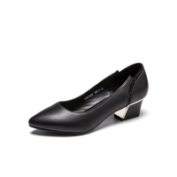 奥康女鞋简约时尚小尖头粗跟浅口复古单鞋女职业工作鞋