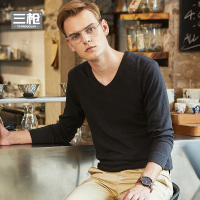 三枪保暖上衣男 2017秋冬新品羊毛舒暖德绒V领男士打底衫22911A0