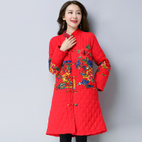 2017秋冬新款宽松大码女装拼接盘扣中长款女棉衣外套