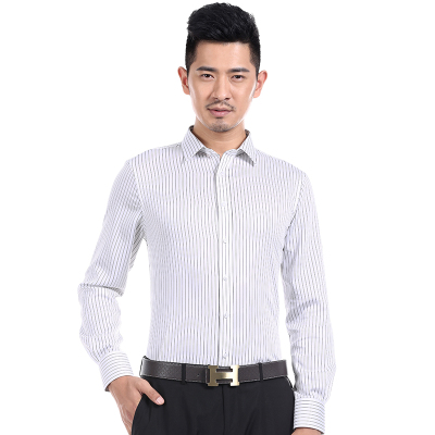 深海黑白条纹衬衫标准领长袖衬衣丝光纯棉免烫休闲衬衣男装