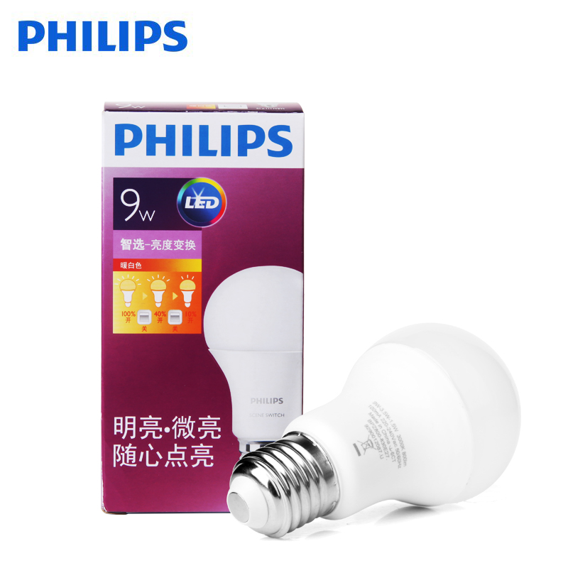 飞利浦(PHILIPS)LED调光灯泡 E27螺口球泡超亮白光黄光6.5W 9W节能分段调光灯泡