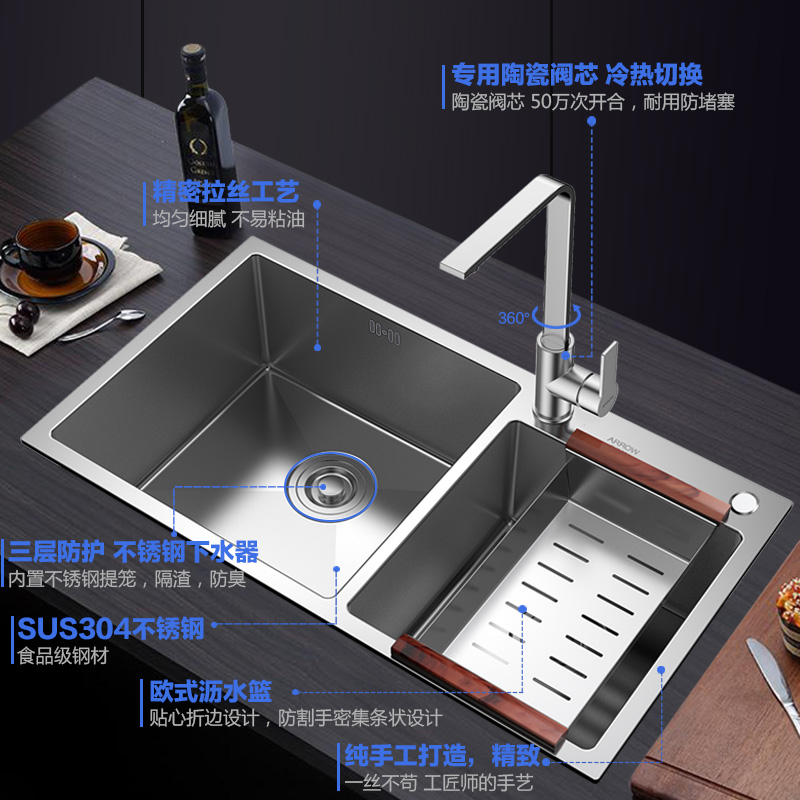 ARROW-手工双槽-304不锈钢厨房手工双槽(7843)高清大图