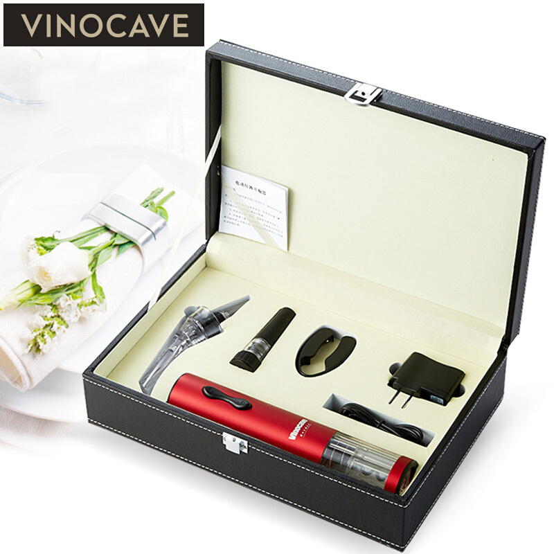 维诺卡夫(Vinocave)VA003R电动红酒开瓶器 真空瓶塞启瓶器 快速醒酒器酒具 定制礼盒 皮盒套装-红 5秒开瓶