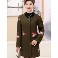 猫人(MiiOW)中老年女装妈妈装秋冬加厚款花色风衣外套40-49岁圆领保暖呢子大衣5880