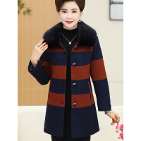 猫人(MiiOW)中老年女装妈妈装秋冬新款横条纹加厚保暖呢子大衣40-49岁带毛领毛呢外套5845