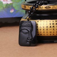 天然黑曜石 大日如来半面佛磨砂佛头吊坠 男女项链
