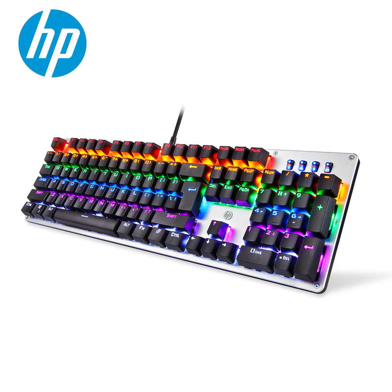 惠普(HP)GK100插拔轴混光 机械键盘104键有线USB游戏键盘 机械青轴 银色面板 黑色键帽