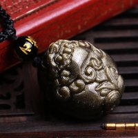 天然冰彩黑曜石貔貅吊坠 金曜石项链 男女款