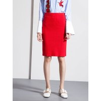 修身罗纹纯色开衩铅笔半身裙