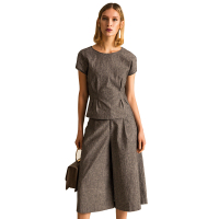 今升 棉麻圆领褶皱收腰上衣七分阔腿裤套装