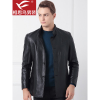 红豆相思鸟男装PU皮衣黑色常规短款立领单排扣长袖