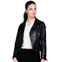 今升 西装领修身短款绵羊皮机车皮夹克女外套