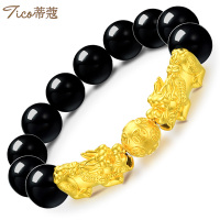 蒂蔻 T791小版3D硬足金貔貅黄金转运珠手链男士款大富大贵双貔貅铜钱金珠10MM黑玛瑙手串首饰品