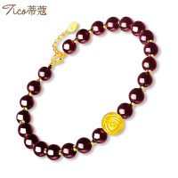 蒂蔻 玫瑰花黄金手链酒红石榴石款女士999足金花爱心形18K金尾链时尚饰品