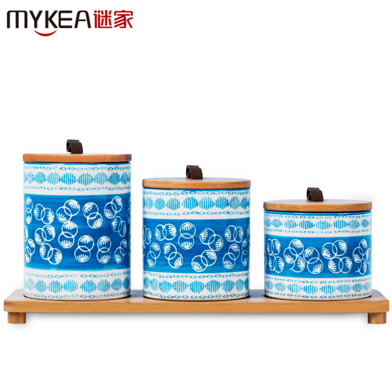 谜家 陶瓷密封罐茶叶咖啡储物罐调料罐盒厨房用品三件套 浅蓝色