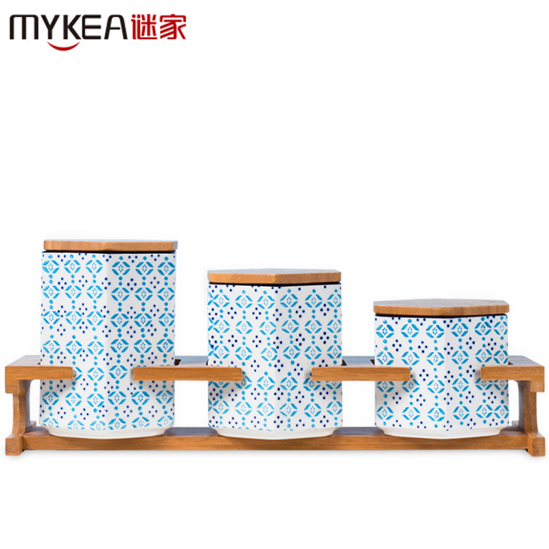 谜家 陶瓷密封罐茶叶咖啡储物罐调料罐盒厨房用品三件套 浅蓝色