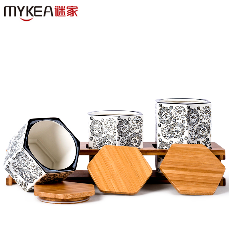 谜家 陶瓷密封罐茶叶咖啡储物罐调料罐盒厨房用品三件套 浅灰色