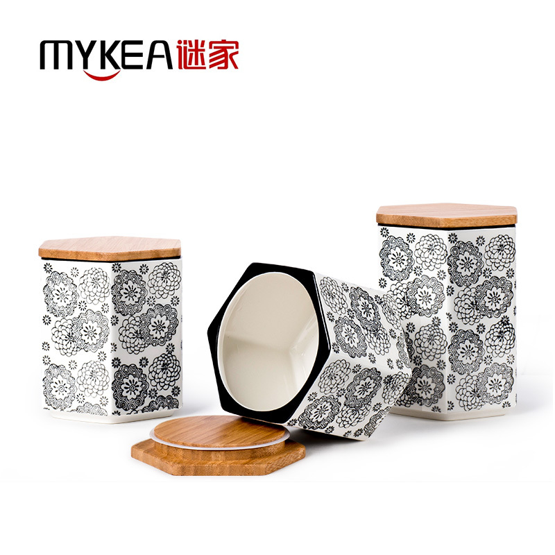 谜家 陶瓷密封罐茶叶咖啡储物罐调料罐盒厨房用品三件套 浅灰色
