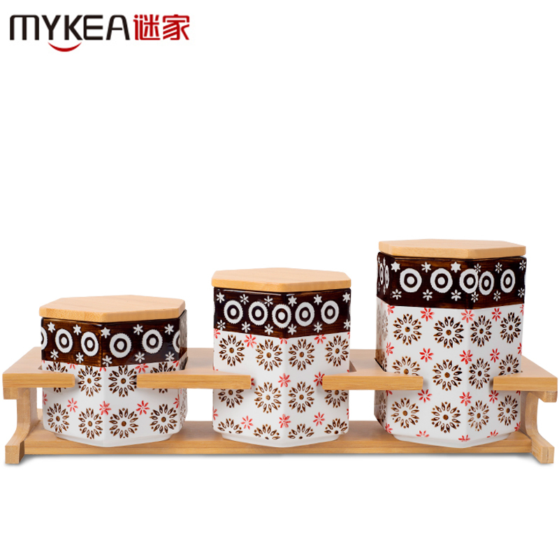 谜家 陶瓷密封罐茶叶咖啡储物罐调料罐盒厨房用品三件套 红色