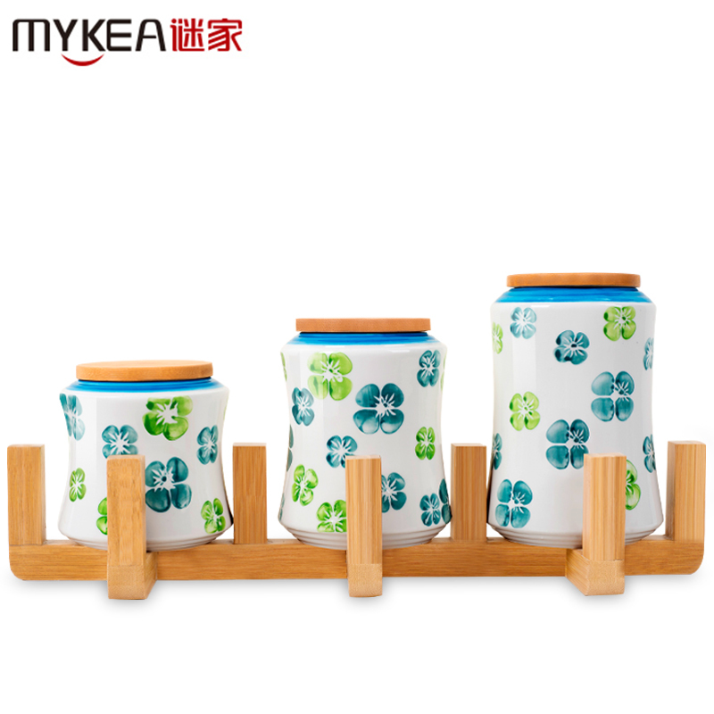 谜家 陶瓷密封罐茶叶咖啡储物罐调料罐盒厨房用品三件套 天蓝色