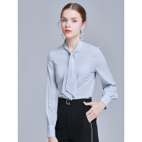 欧昵雪字母绣花雪纺衫秋装新品系带时尚女装百搭上衣韩版衬衫