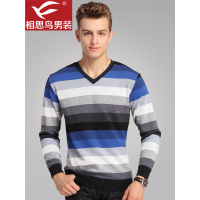 红豆相思鸟男装针织休闲衫毛衫V领横宽条纹常规短款加绒加厚
