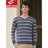 红豆相思鸟男装毛衫针织衫V领套头加绒加厚横条纹装饰常规短款