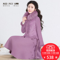 烟花烫2017冬装新款女装绣花兔毛毛呢外套+半身裙套装怜舞舞影3741700